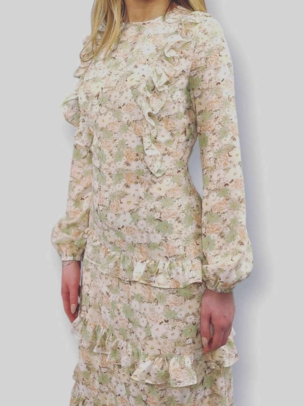 Women’s Floral Ruffle Midi Dress Cottagecore Romantic Long Sleeve Various Sizes